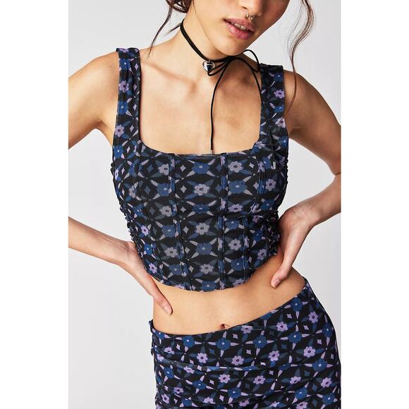 Free People XL Galaxy Square Neck Corset Crop Top Blue Purple Floral Mesh Side - Picture 2 of 10